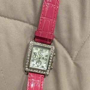 Pink Croc-Embossed Rhinestone Square Watch